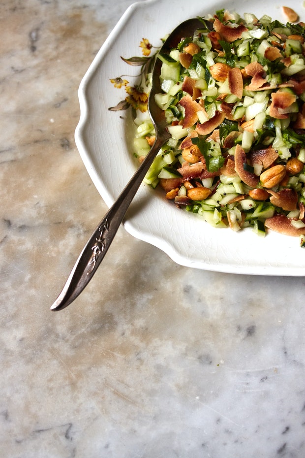 Spicy Peanut & Cucumber Salad on a Serving Plate